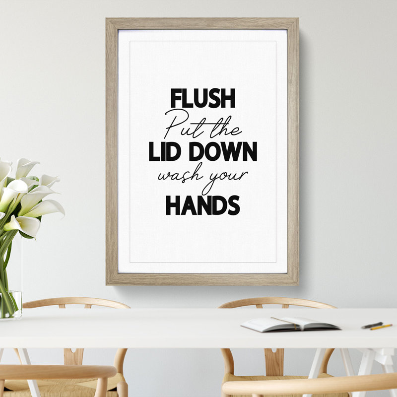 Flush Put the Lid down Wash Your Hands V2 - Picture Frame Typography, 36cm H x 27cm W x 2cm D, Oak Framed