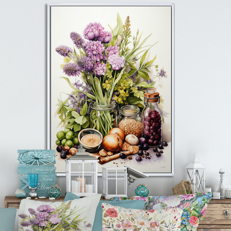 «Purple Green Food Herbs A Delicate», reproduction d'art sur toile, H 44 po x l 34 po x P 1,5 po, Cadre flottant blanc