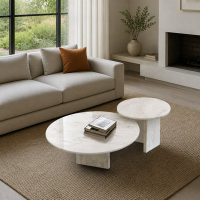 Ensemble de 2 tables gigognes en marbre blanc semi-poli blanc, table de salon, pierre naturelle, marbre véritable, marbre véritable