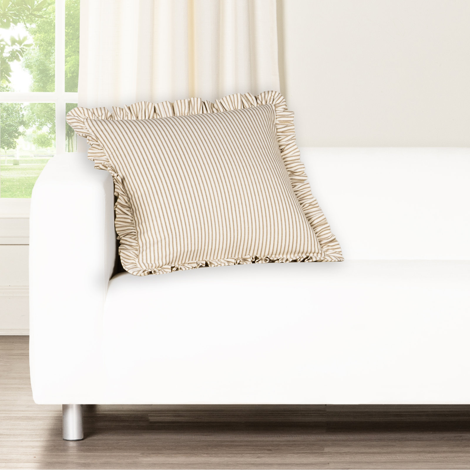 Birch Lane Ticking Stripe Ruffled Accent Pillow, Feather, Brown