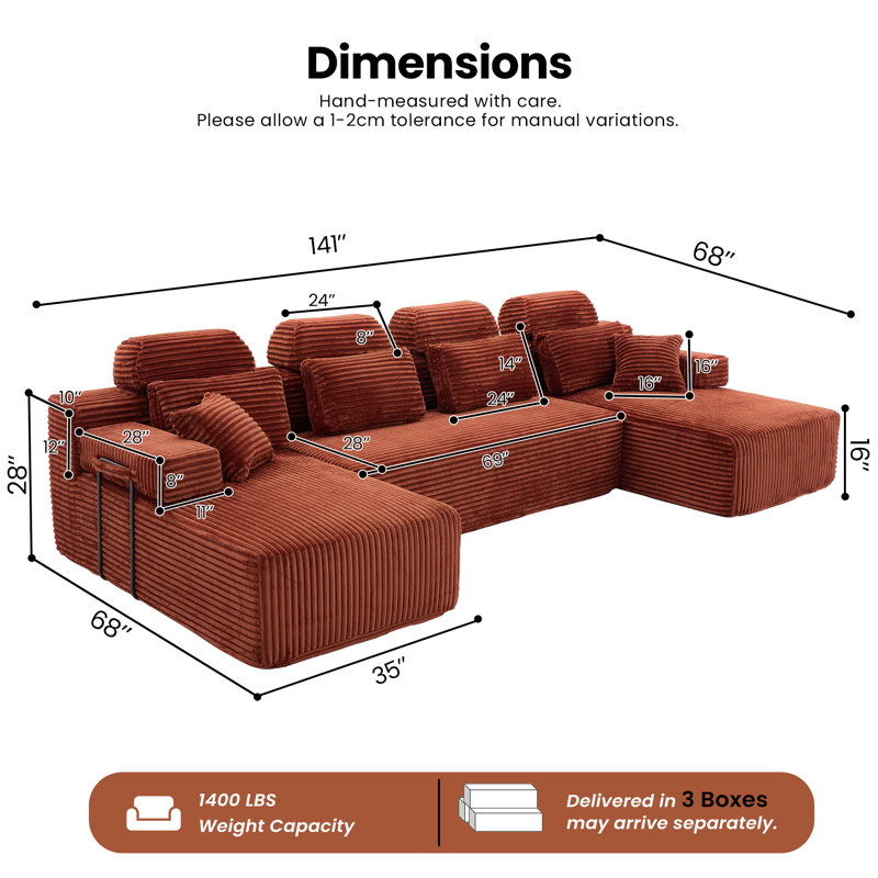 Canapé modulaire en U de 141 po avec méridienne modulaire en U avec méridienne en velours côtelé de 141 po, aucun assemblage requis, orange