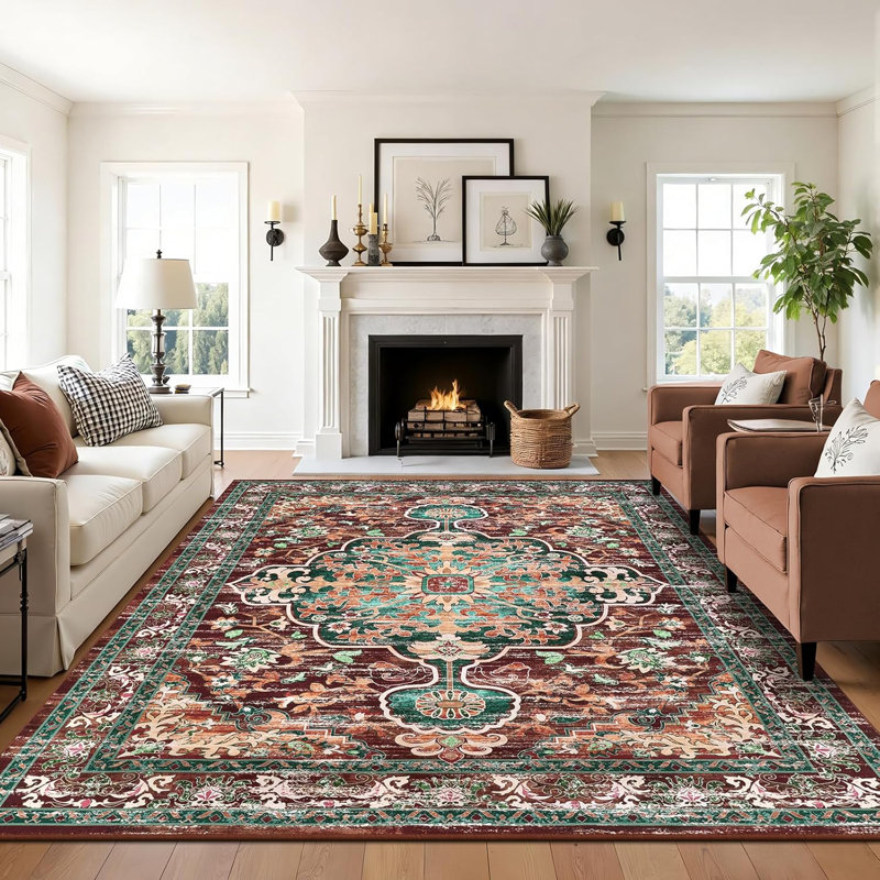 Boho Oriental Area Rug Non-slip Washable Low Pile Carpet, Rectangle 3'× 5', Brown/Red/Orange/Green