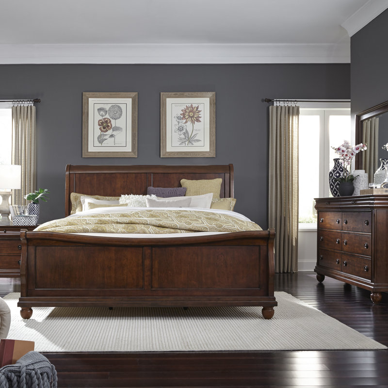 Ensemble de chambre avec lit-bateau, commode et miroir Lenny, Queen, Marron