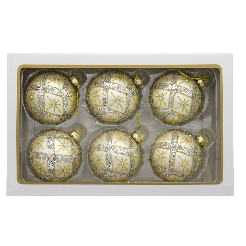 Kurt Adler, ensemble de 6 boules en verre argenté avec paillettes dorées et argentées, 6 pièces