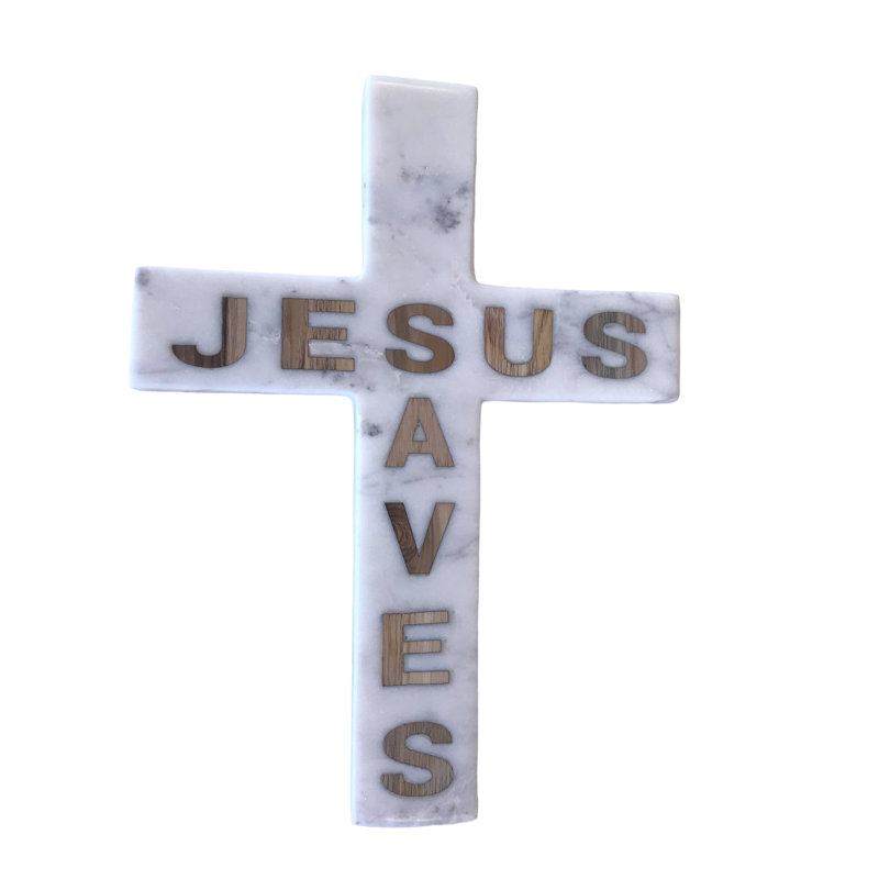Jesus Saves Inlay Marble Cross White