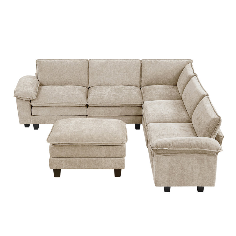 Modern Contemporary 6-Piece Modular Sectional With Ottoman Plush Comfort Taupe Chenille Upholstery Living Room Furniture Durable Plywood