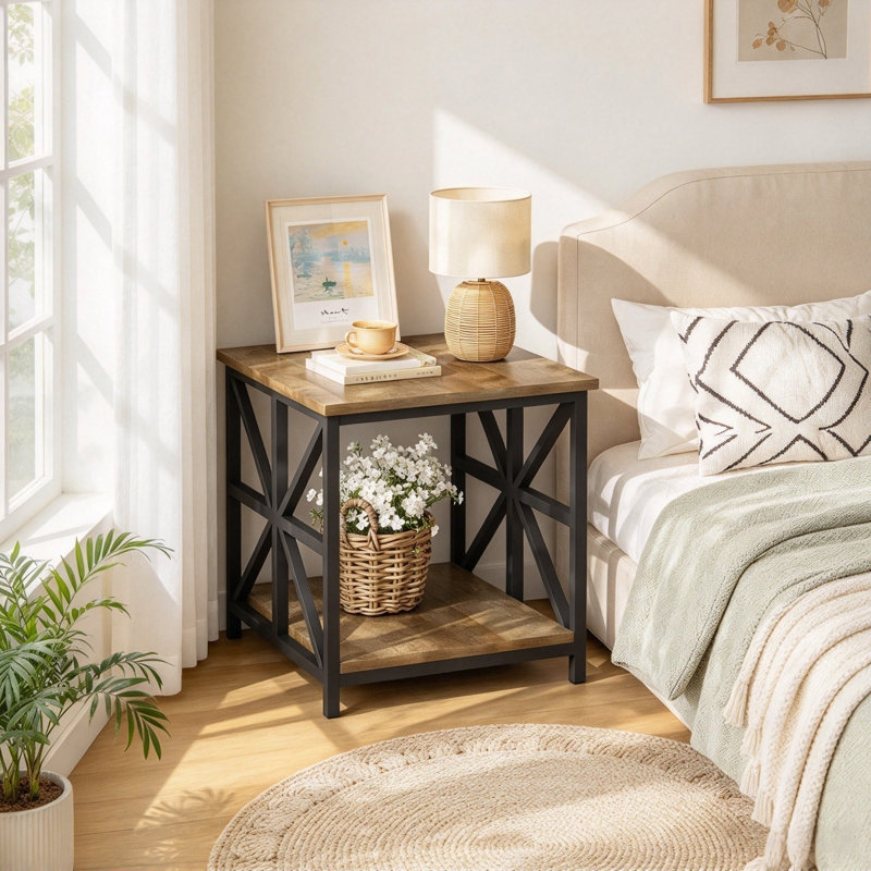 Table d'appoint de style champêtre, table d'appoint carrée à 2 niveaux avec tablette de rangement, table de chevet industrielle avec structure métallique en forme de X, table d'appoint rustique pour salon ou chambre.