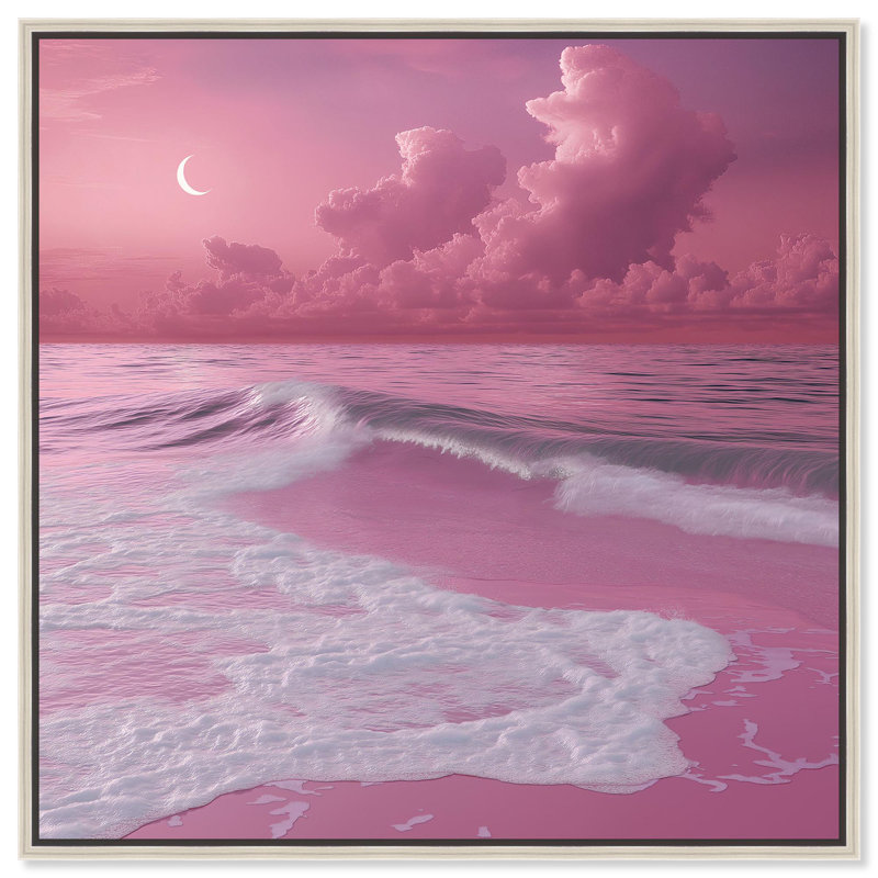 «Pink Beach» par Glam Beach Art par Art Remedy, H 25 po x l 25 po, Cadre flottant argenté