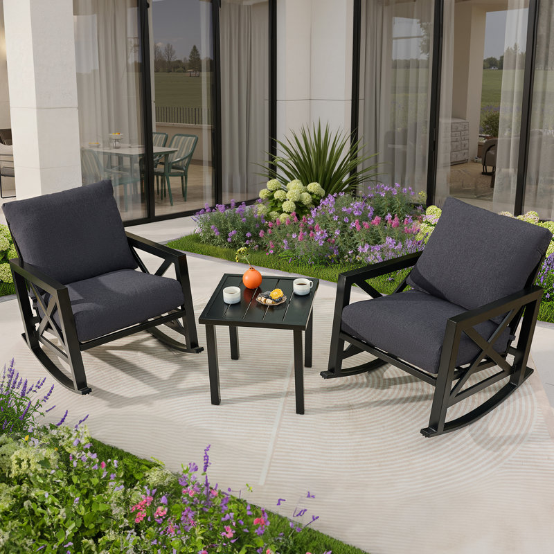 Isfried 3-Piece Metal Frame Outdoor Conversation Set with Thick Cushions, Dark Gray Cushion/Black Frame