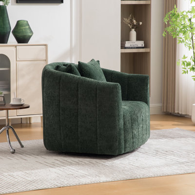 39"W Upholstered Oversized 360° Swivel Accent Barrel Chair and Half Cozy Sofa with 3 Pillows, Channel Tufted Pumpkin-Shape Club Armchair for Living Room, Bedroom, Office, Lounge, Chenille Green