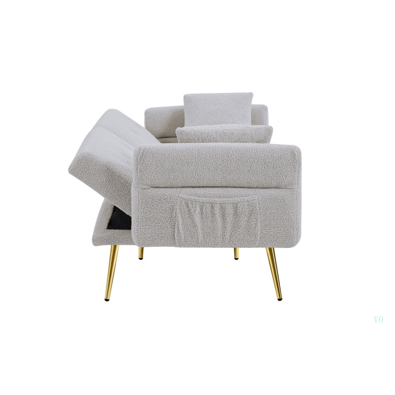 Canapé d'appoint moderne rembourré rembourré avec poche latérale, canapé-lit pliant avec accoudoirs rabattables, dossier réglable et pieds en métal doré pour le salon