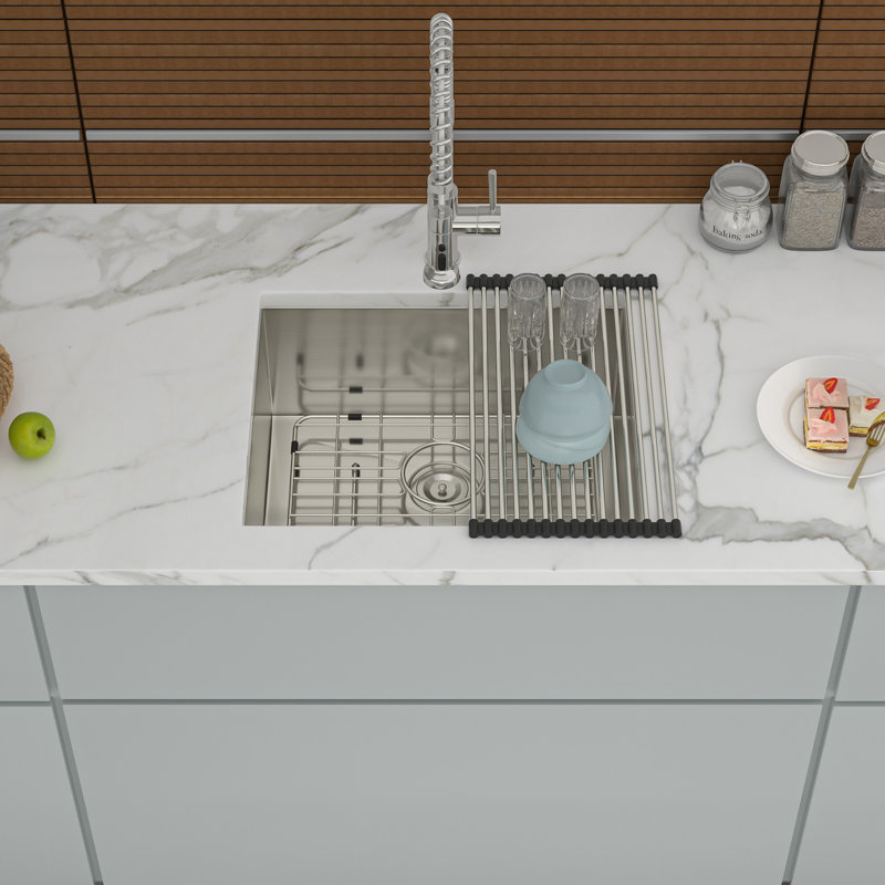 Évier de cuisine en acier inoxydable à simple cuve encastrable 21 pouces et 9 profonds, avec revêtement de condensation, support de séchage pliable, guide d'installation et assemblage de drain Sus304, finition satinée brossée, support