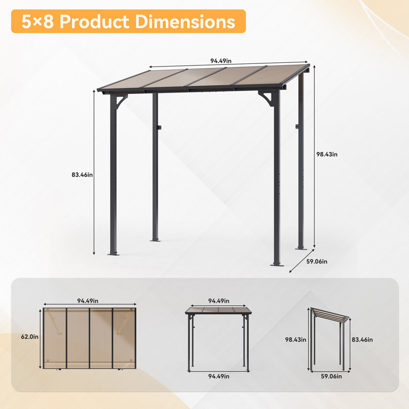 8 Ft. W X 5 Ft. D Powder Coated Steel Pergola With Canopy