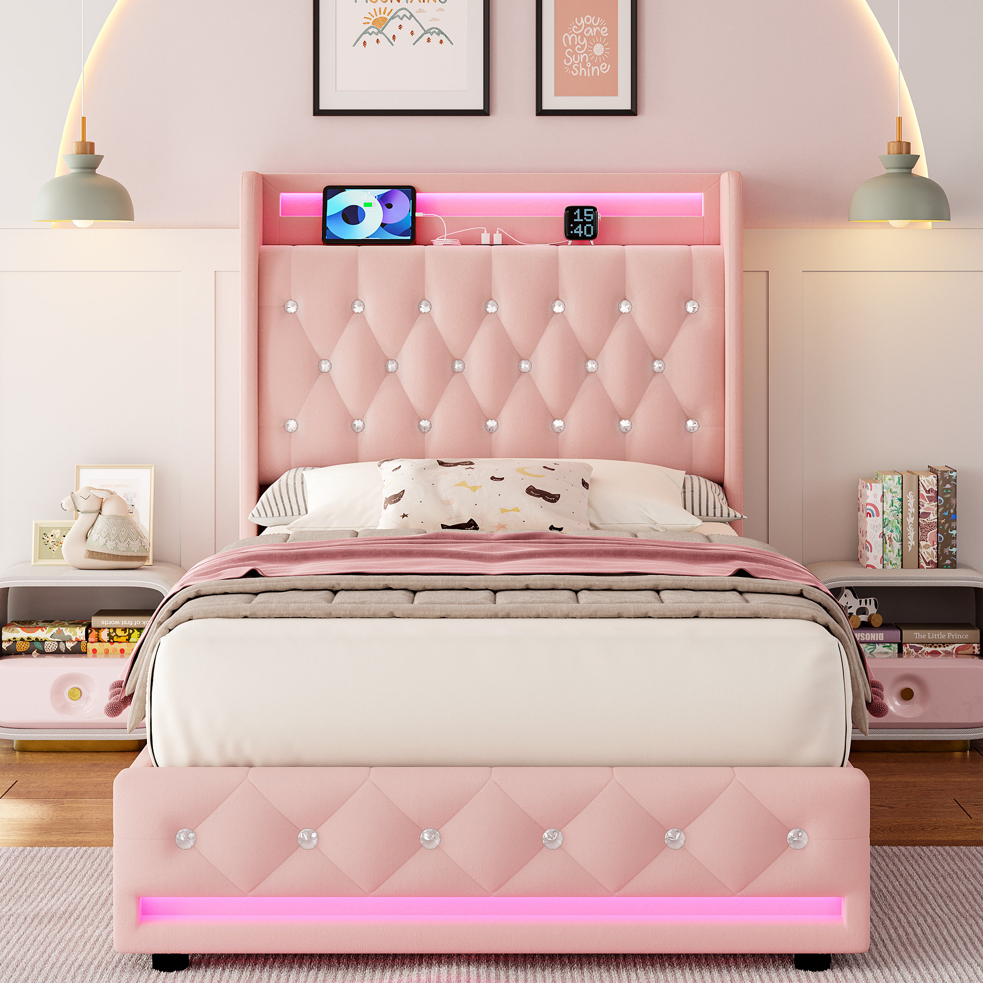 Gemma Violet Upholstered Storage Kids Bed With LED Lights And