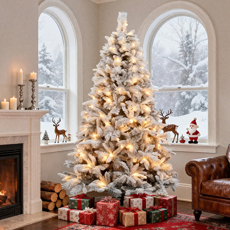 6 FT Flocked PE Pine Needle Christmas Tree | Pre-Lit Artificial Tree with Fairy Lights | Christmas Decoration Compatible | Dense Branches & Pine Cones Holiday Festive Tree