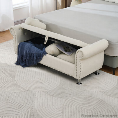 Banc de rangement en velours de 62 pouces avec boutons en cristal et charnière de sécurité