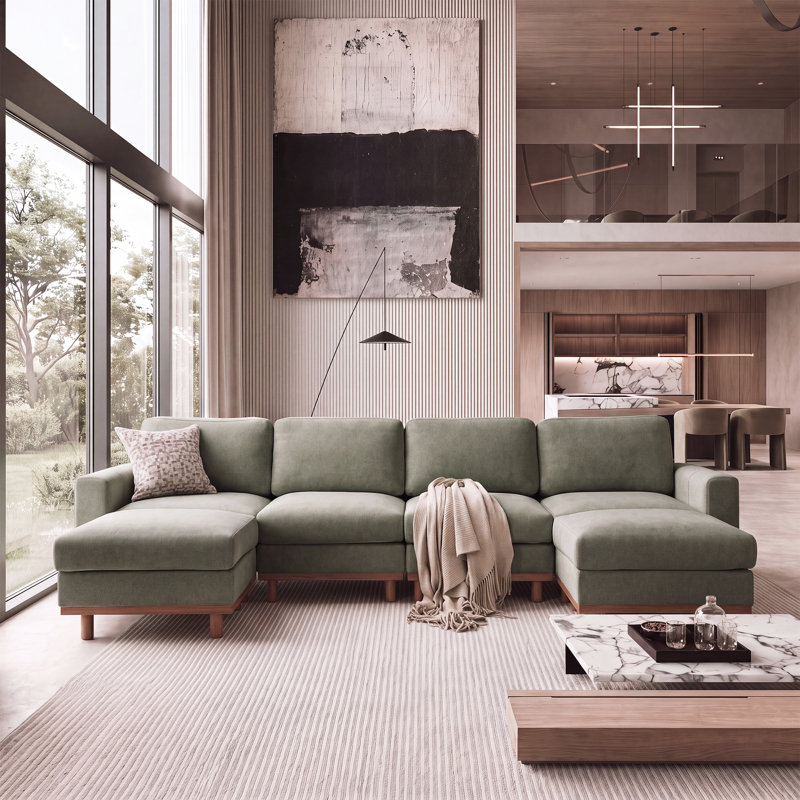 Canapé d'angle moderne Milsap 120,1 po 6 places en forme de U avec 2 poufs, Chenille verte