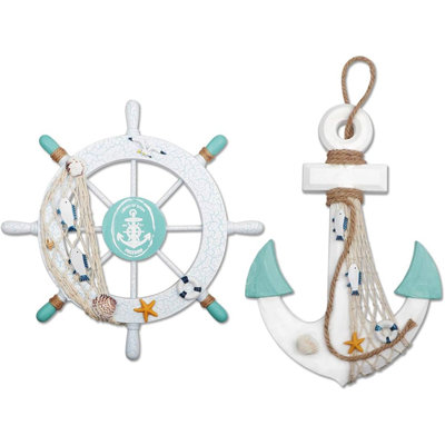 2-Piece Nautical Wall Decor Set – White & Green Wooden Ship Wheel And Anchor With Rope For Coastal Beach-Themed Home Decor