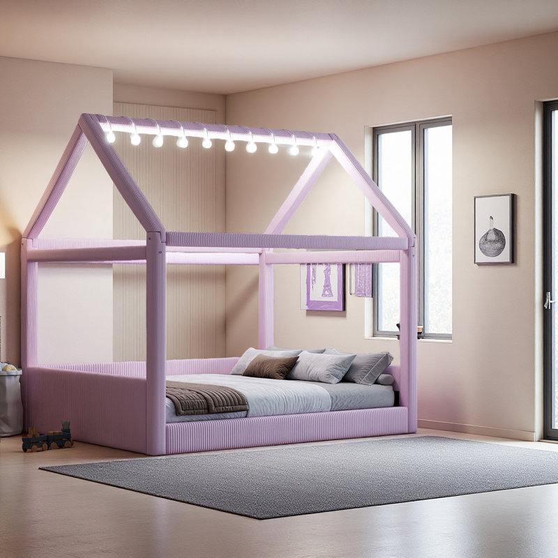 Lit de jour double rembourré avec bandes lumineuses DEL, Rose
