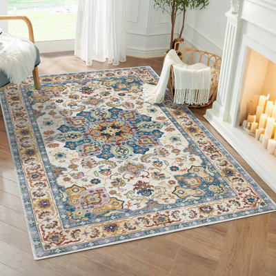 Washable Indoor Rug, Traditional Oriental Medallion Rug, Non Slip Carpet for Living Room Bedroom Dining Table Kitchen