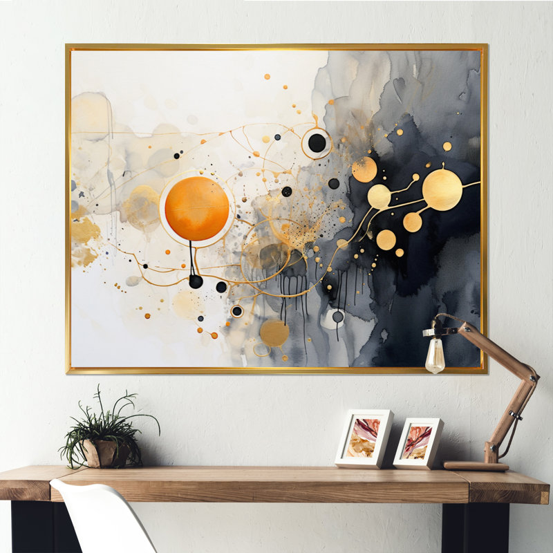 «Black and Gold Whimsical Waves I», reproduction sur toile, Cadre flottant doré, H 24 po x l 32 po x P 1 po