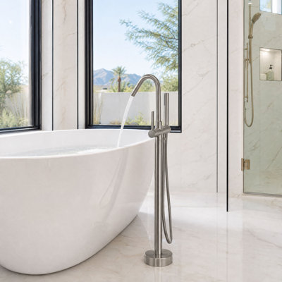 Modern 45.28" Single Handle Freestanding Floor Mount Tub Faucet with Handheld Shower