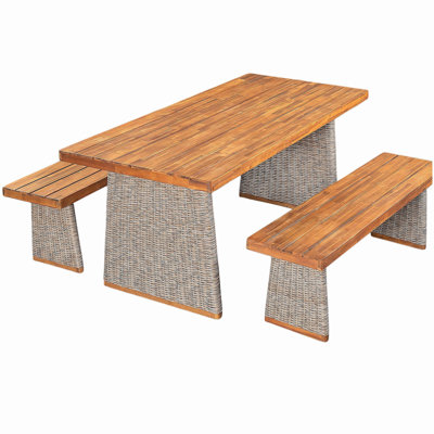 Outdoor 3 Piece Acacia Wood Dining Set with Handwoven Rattan Legs,Brown