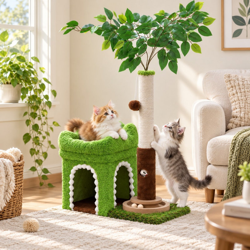 Small Green Cat Tree with Scratching Post, Plush Bed and Interactive Toys