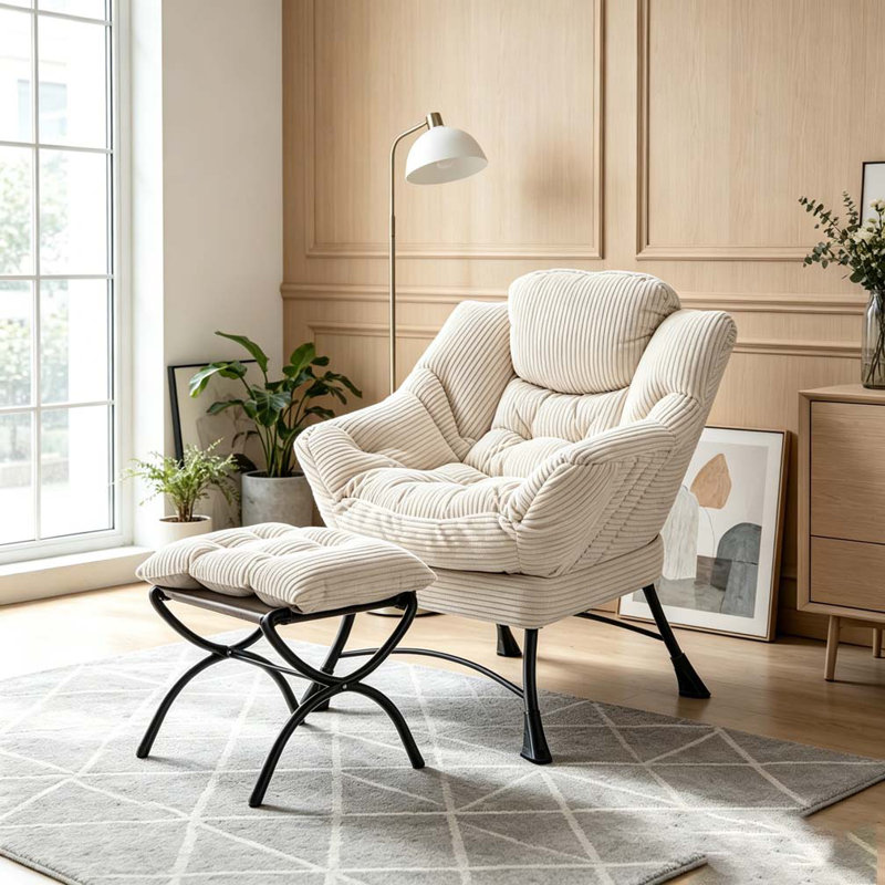Fauteuil Lazy avec repose-pieds, fauteuil d'appoint moderne avec accoudoirs et poche latérale, White