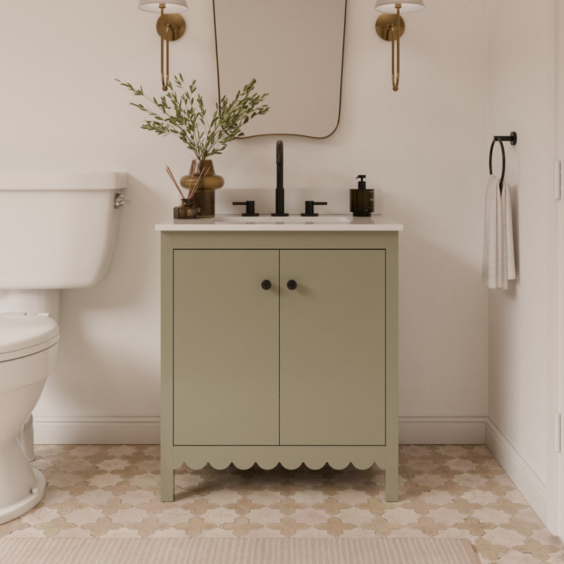 Meuble-lavabo simple festonné 30 pouces - Satin olive - Avec plateau - Boutons noirs, Vert / noir mat, 30"
