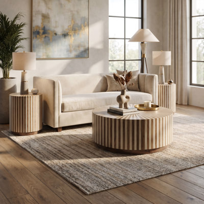 Table basse ronde en bois de manguier massif avec motif en étoile