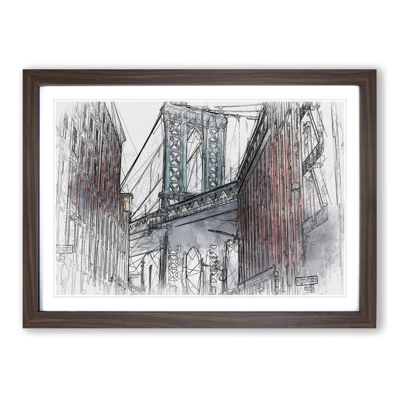 George Washington Bridge in Abstract - Picture Frame Graphic Art Print, 27cm H x 36cm W x 2cm D, Walnut Framed