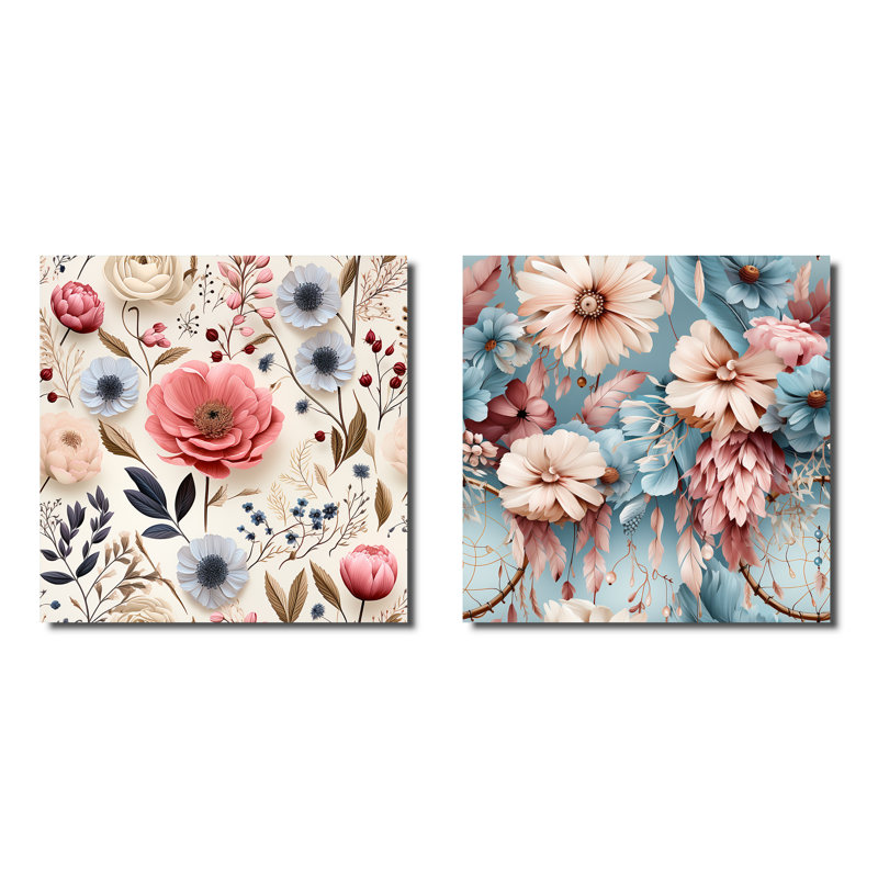 Arda - Ensemble de 2 collages carrés floraux, Toile tendue, H 16 po x l 33 po