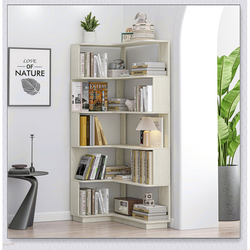 Bibliothèque de coin en L de 90 cm à 5 niveaux avec panneau anti-chute et dispositif de basculement pour le salon, la chambre à coucher et le bureau à domicile