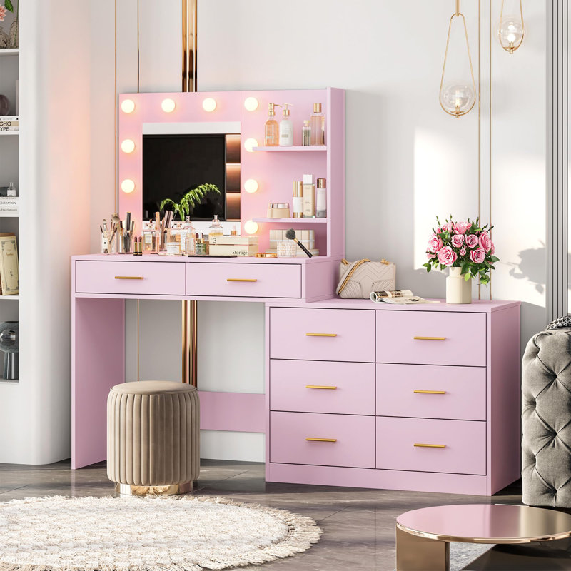 61" Make up Vanity Desk with Mirror and Lights, Pink Vanity with 8 Wide Storage Drawers & 2 Tier Shelves, 3 Lighting Modes with Adjustable Brightness for Bedroom