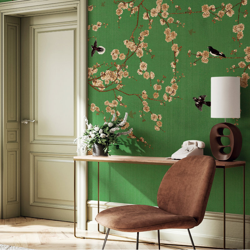 Papier peint fleurs de cerisier en fleurs, L 110,04 po x l 204 po, Vert