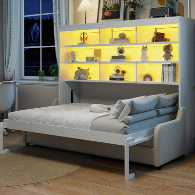 Lit escamotable avec canapé pliant, tablettes de rangement intégrées et éclairage DEL