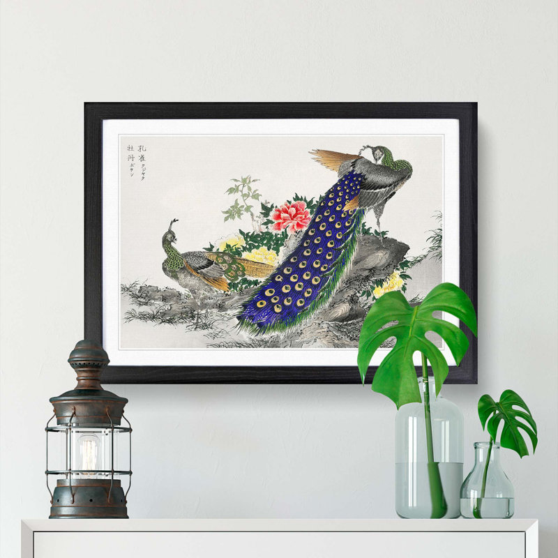Peacocks & Peony Flower by Numata Kashu - Picture Frame Painting Print, Black Framed, 36cm H x 48cm W x 2cm D