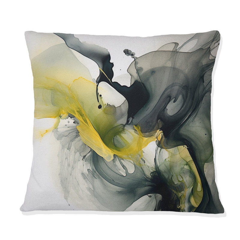 Coussin décoratif noir et jaune à imprimé fractal