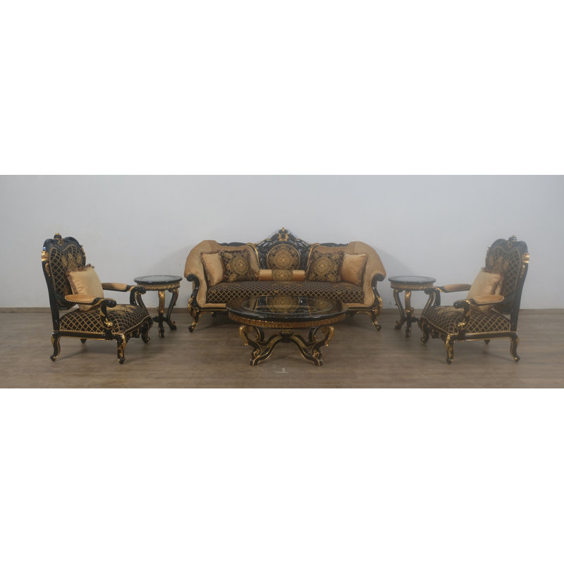 3pc Rosella Sofa Set Black Gold Damask