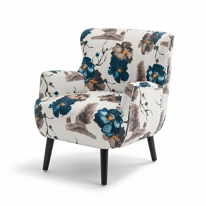 Fauteuil d'appoint rembourré avec accoudoirs arrondis et dossier serré, siège simple en bois massif
