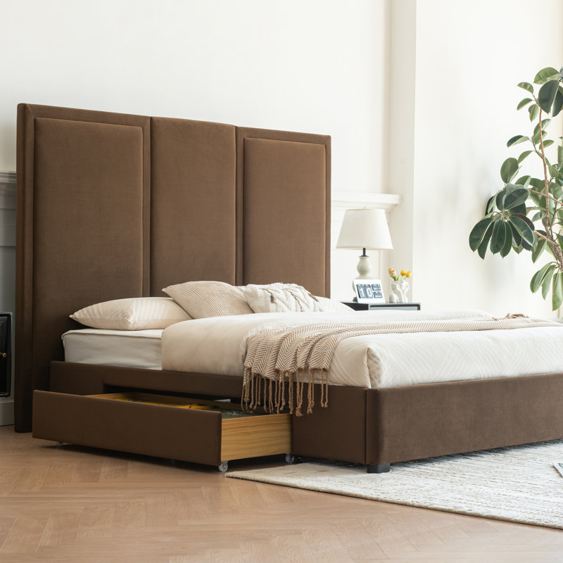 Morghen Upholstered Platform Bed With Extra High Headboard And 2 Extra Large Capacity Drawers, Brown, King