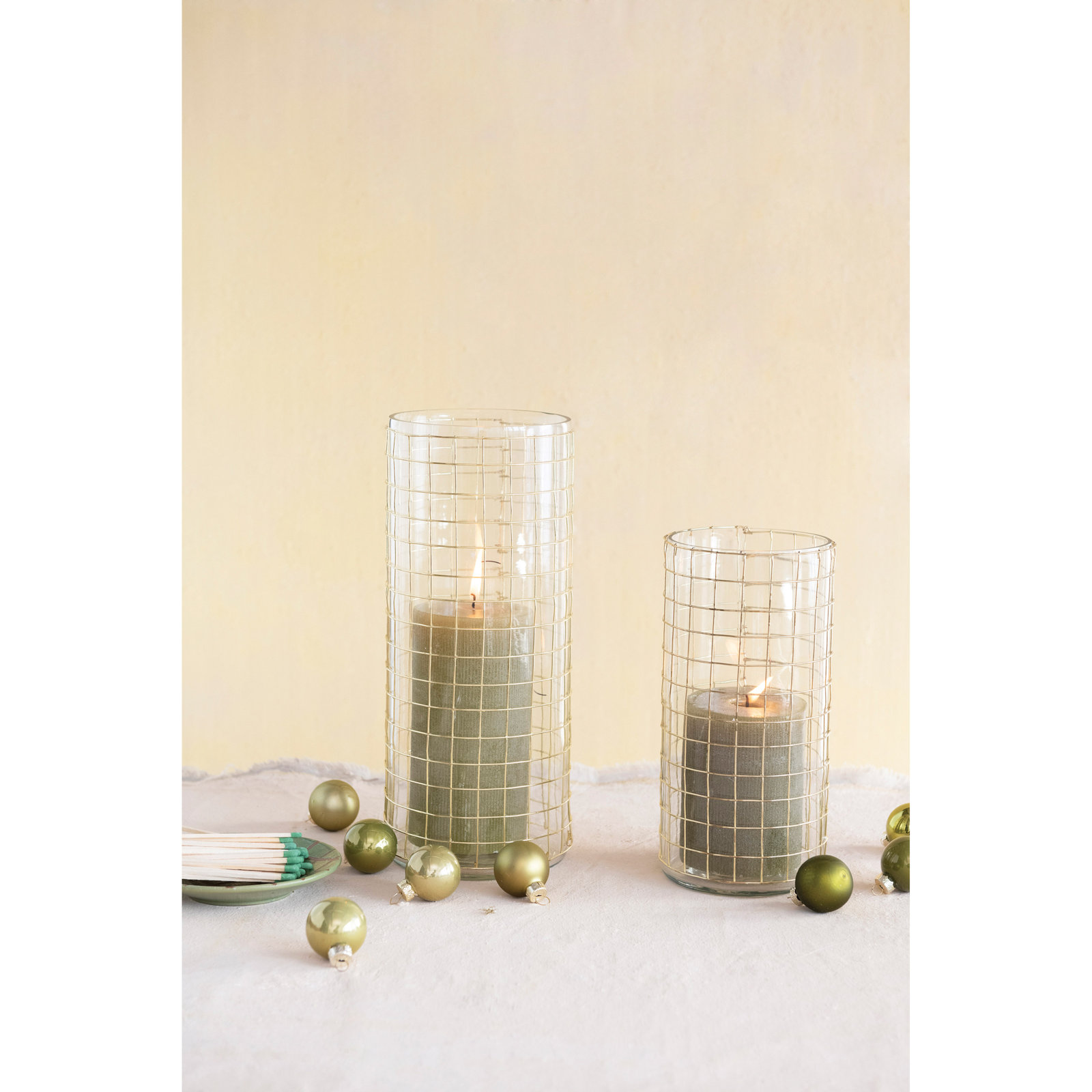 Glass Hurricane With Brass Finish Metal Wire Sleeve