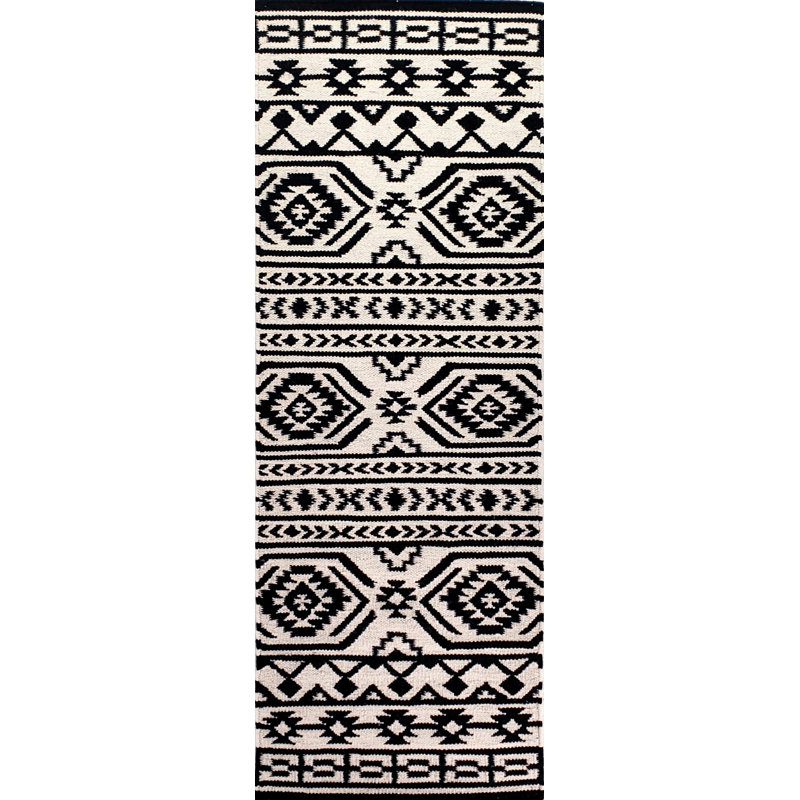 Tapis noir / blanc en laine tissé à plat à la main Treadaway, Tapis de couloir 2 pi x 6 pi