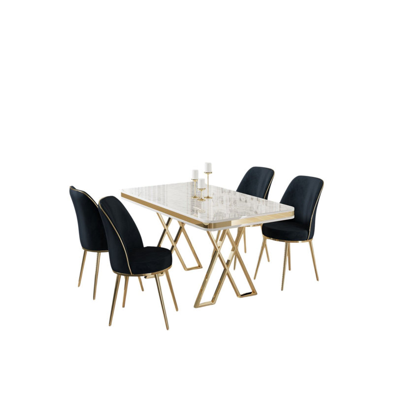 Ensemble de table et chaises de salle à manger moderne 5 pièces, blanc et or avec accents anthracite | Table à panneau laquée (51,2 x 29,1 x 31,5 po) et chaises en métal (17,7 x 35,8 x 16,5 po) | Sièges en mousse confortables, design glamour pour des espaces de salle à manger élégants