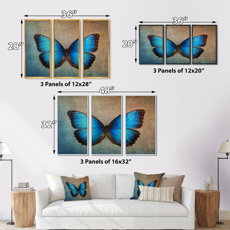 «Blue Vintage Butterfly», ensemble d'art mural sur toile à motif floral, H 28 po x l 36 po, Noir, noir, noir, noir