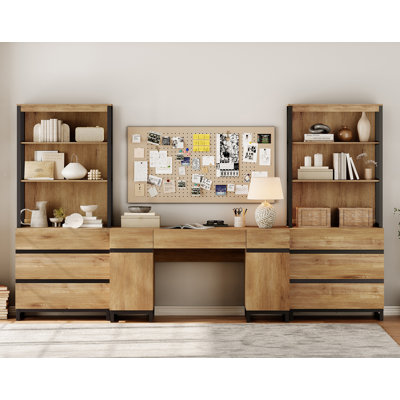 Ensemble de meubles de bureau à domicile Aadam: bureau de direction 59 po avec station de charge et armoire de rangement + bibliothèque de 72 po de hauteur avec 6 tiroirs, bureau d'ordinateur moderne et bibliothèque, bois, bureau