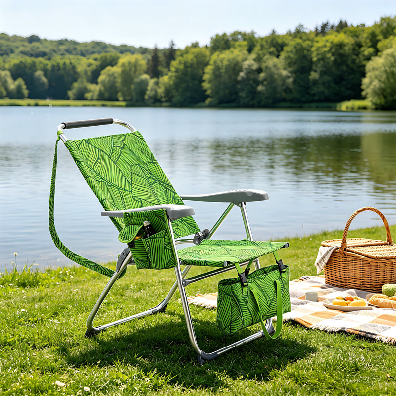 16.5" Seat Height 7-Position Adjustable Aluminum Beach Chair For Adults, Folding Portable With Headrest, Cup Holder & Multiple Storage Pockets, 265 LBS Weight Capacity, Summer Palm Print Oxford Fabric For Beach, Patio & Pool