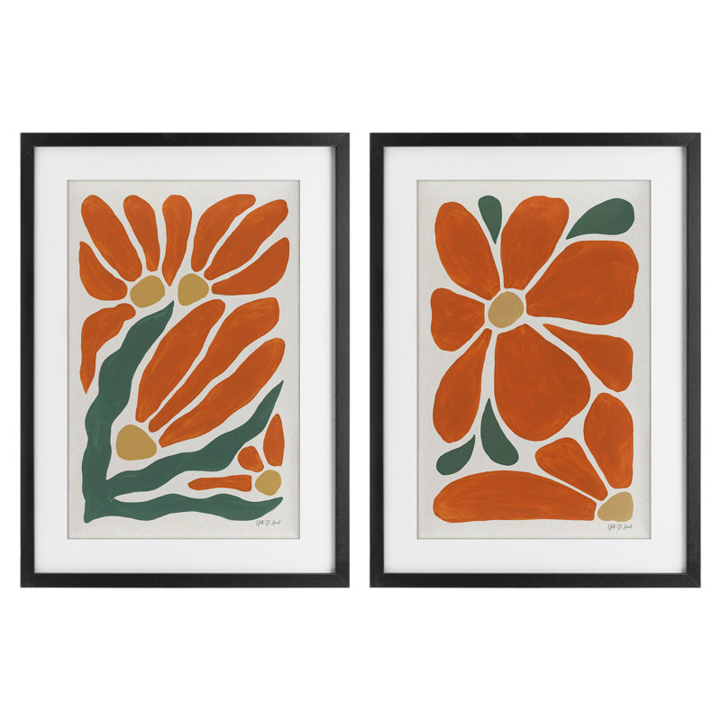Midcentury Flower Abstracts 2pc Framed Print Under Glass Set, design by Yvette St. Amant, 20" H x 14" W, Midnight Black Frame