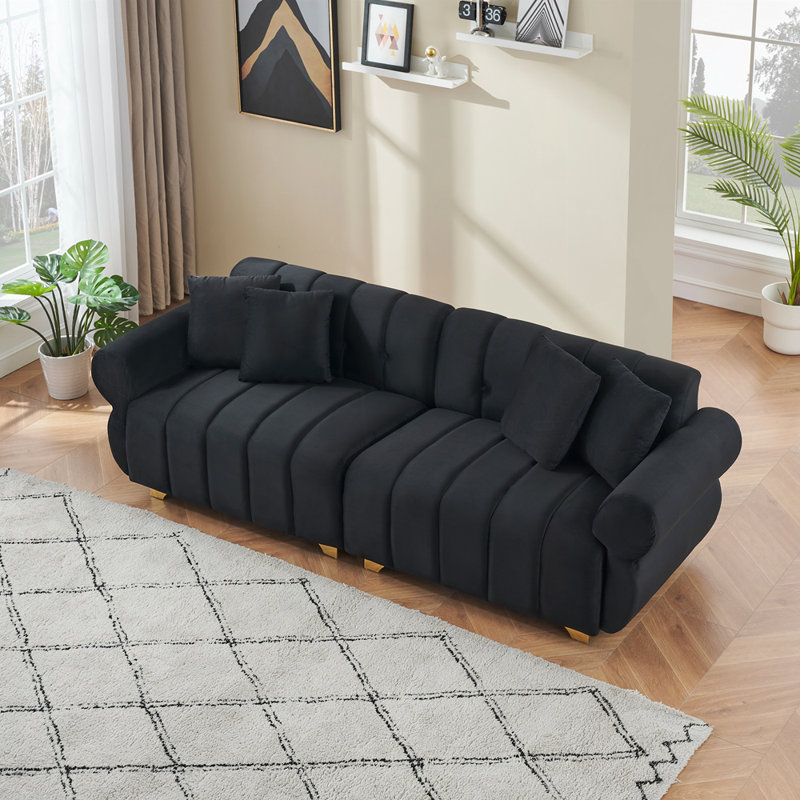 " modern 3-seater flannelette sofa | spring-wrapped cushions | stylish metal feet | 4 throw pillows | living room & bedroom